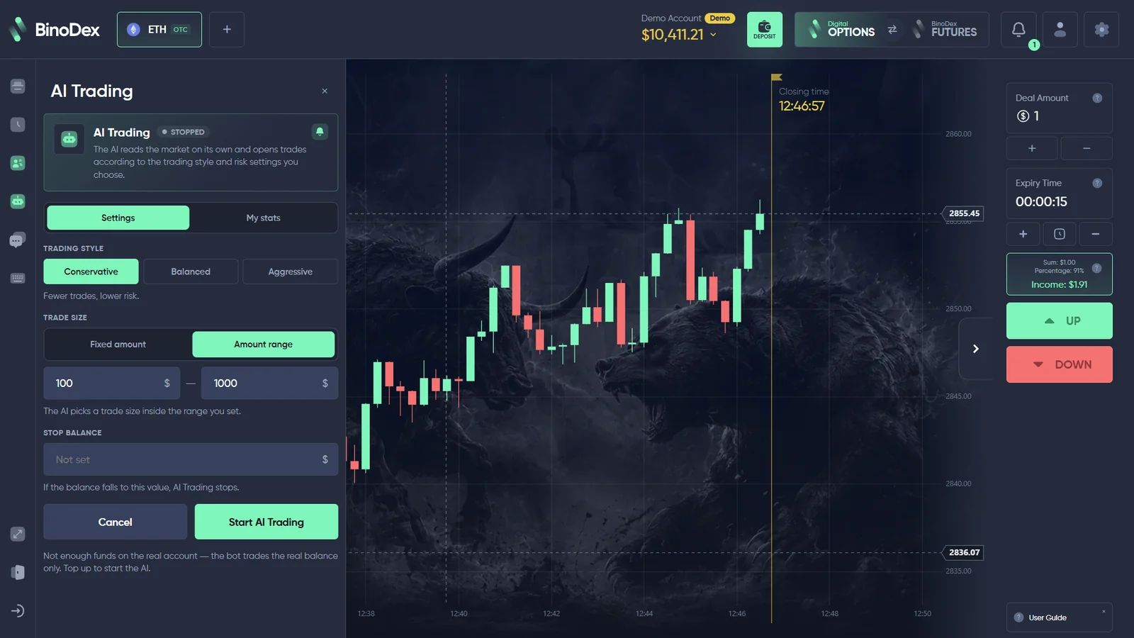 BinoDex AI Trading settings with trading styles amount controls and stop balance