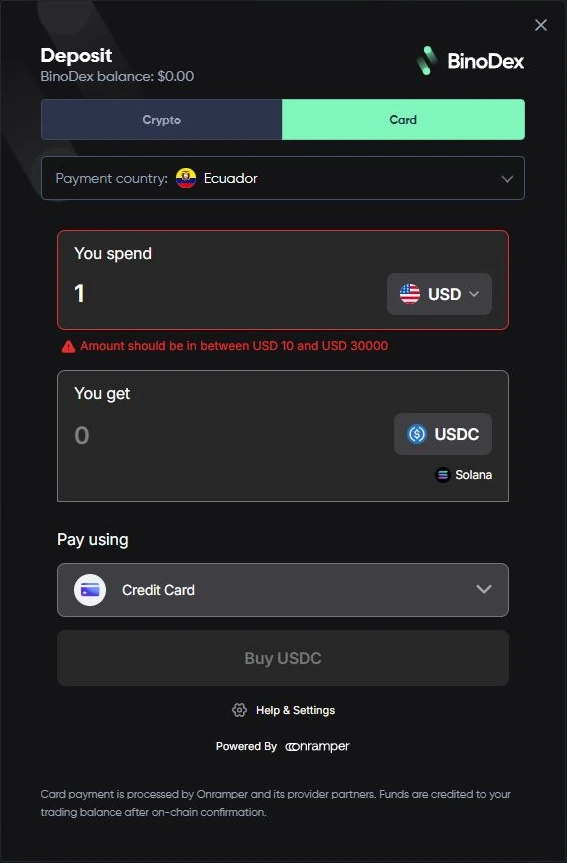 BinoDex card deposit quote before payment