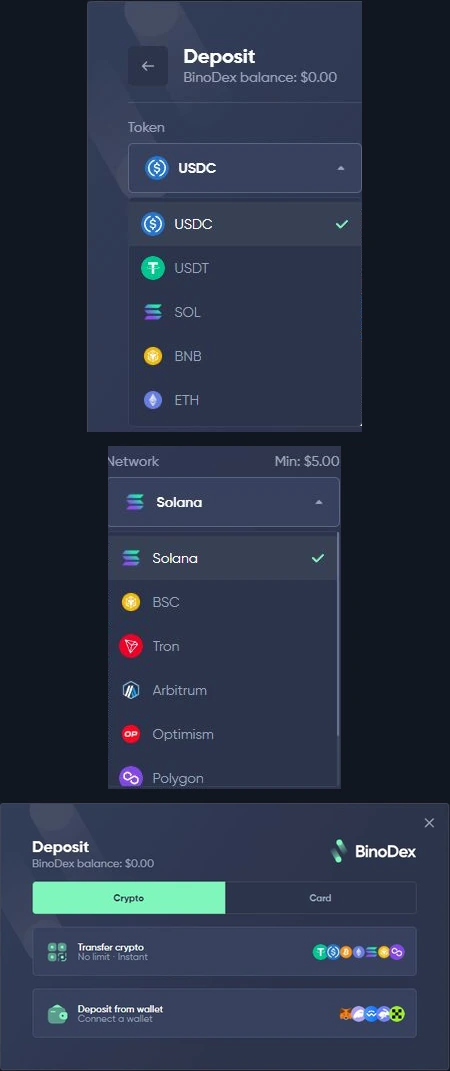BinoDex crypto deposit token and blockchain route selector