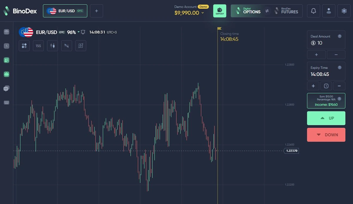BinoDex Digital Options platform with expiry and Up Down controls
