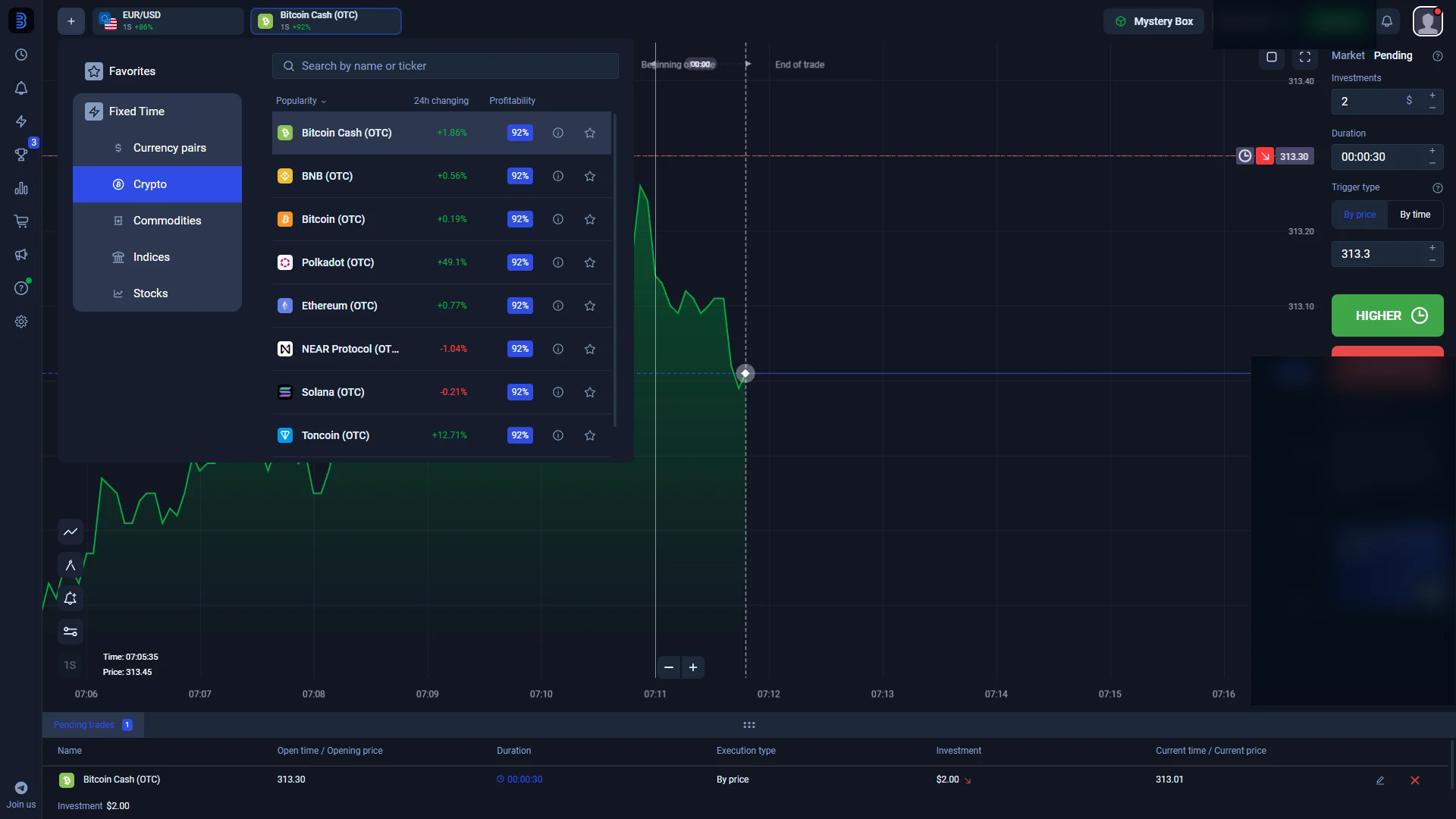 Binolla Fixed Time asset browser with crypto and OTC instruments