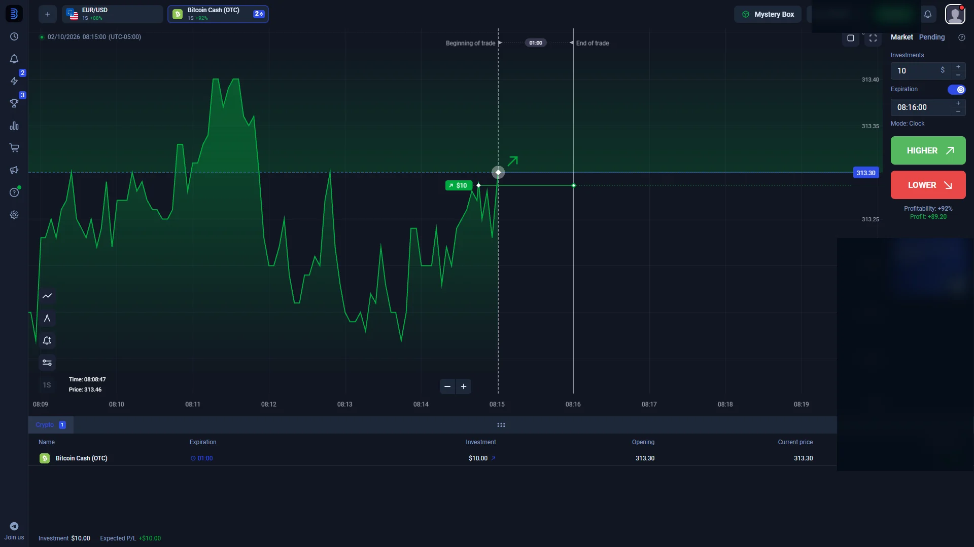 Binolla Fixed Time trading terminal with Higher and Lower controls and a one-minute demo trade