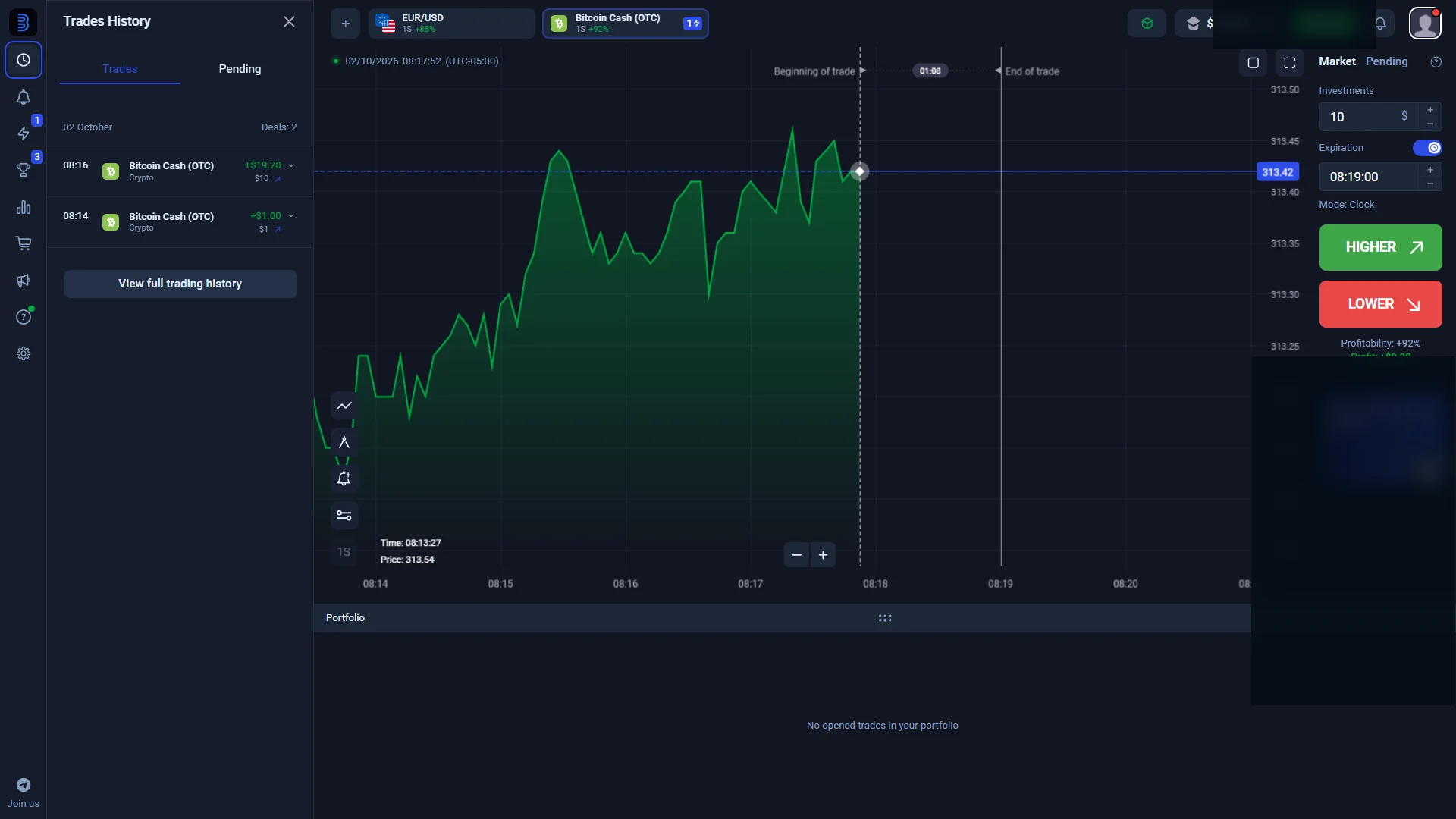 Binolla Trades History after a completed Fixed Time demo trade