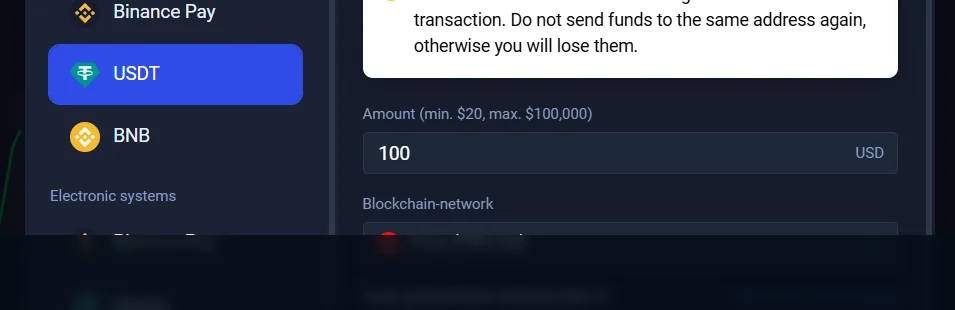 Binolla USDT deposit route showing amount and Tron network controls