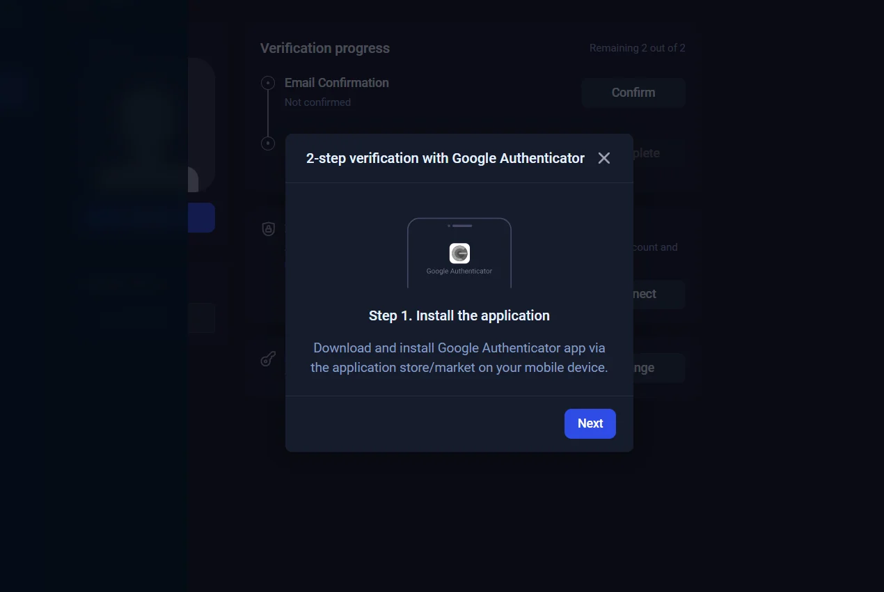Binolla account verification and Google Authenticator two-step verification controls