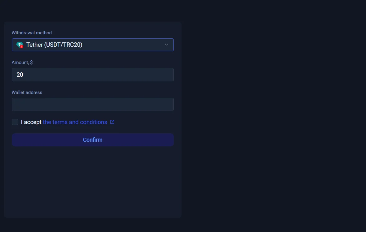 Binolla withdrawal form with USDT TRC20 method, amount, wallet and terms fields