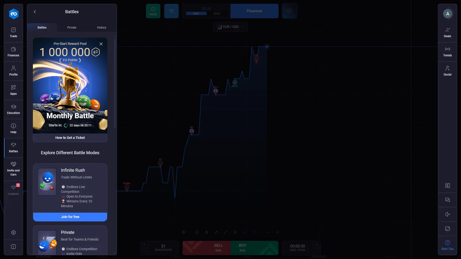 EO Broker Battles panel with Monthly Battle reward pool and competition modes