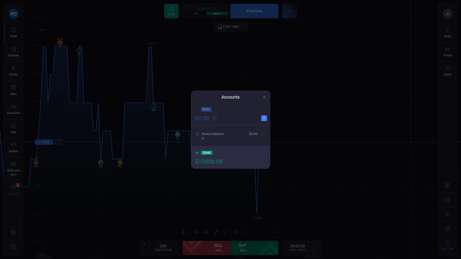 EO Broker account switch showing ten thousand dollar demo balance