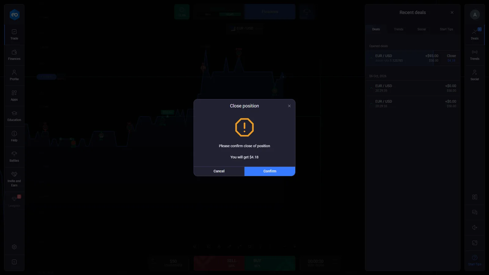 EO Broker early close confirmation for an open EUR USD demo position before auto close