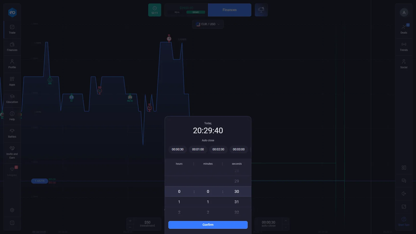 EO Broker Digital Options auto close selector showing 30 seconds 1 minute 2 minutes and 3 minutes