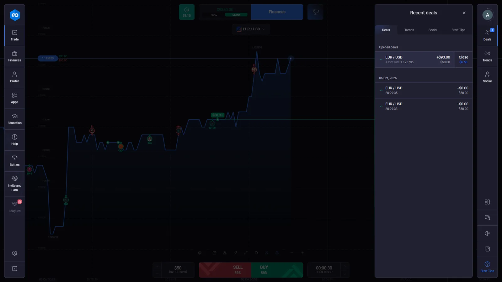 EO Broker Recent deals panel with completed demo records and an open EUR USD position showing a Close value