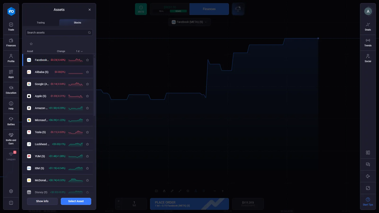 EO Broker Stocks Mode asset list with Facebook Alibaba Google Apple Amazon Microsoft Tesla and other stocks