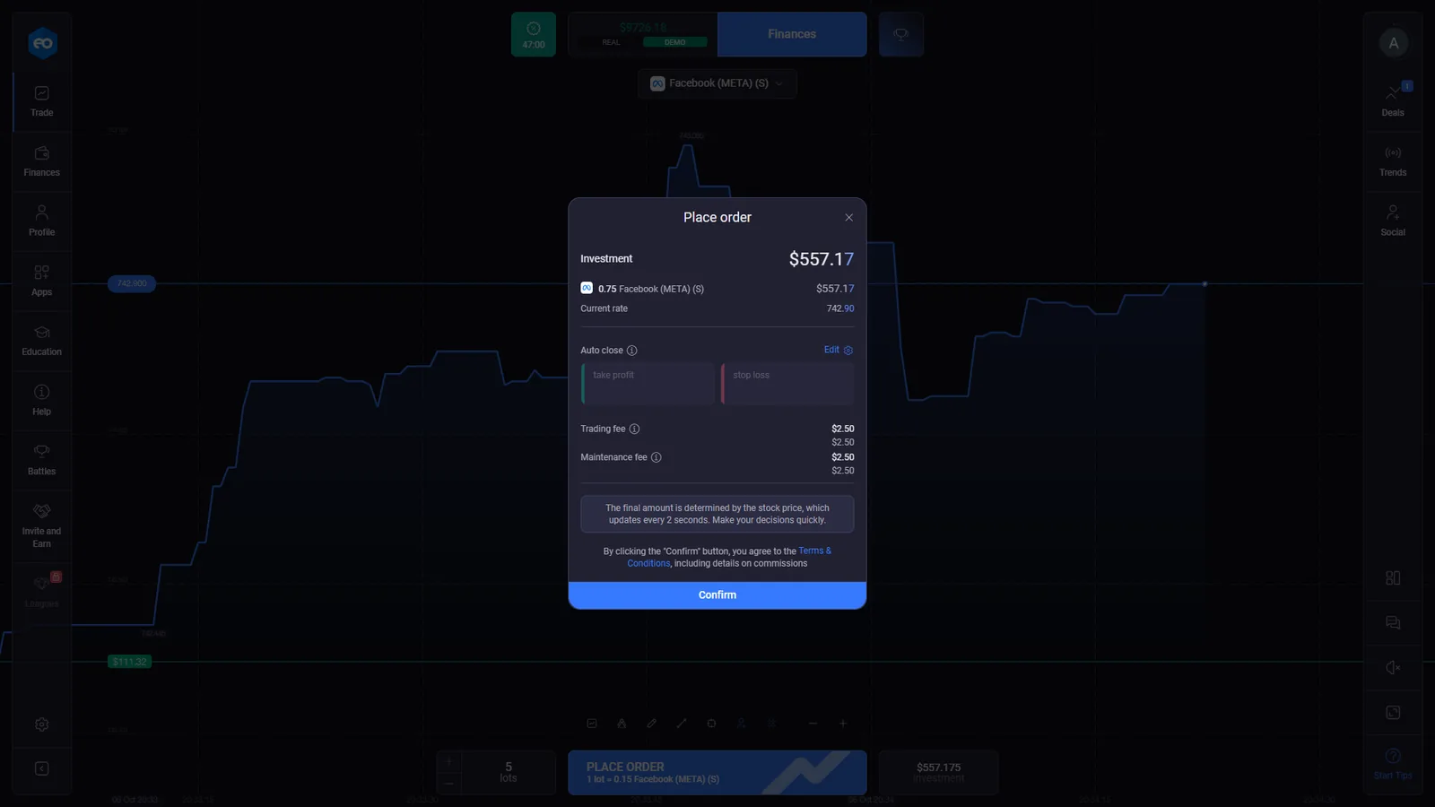 EO Broker Facebook Stocks Mode order with lots investment current rate take profit stop loss trading fee and maintenance fee