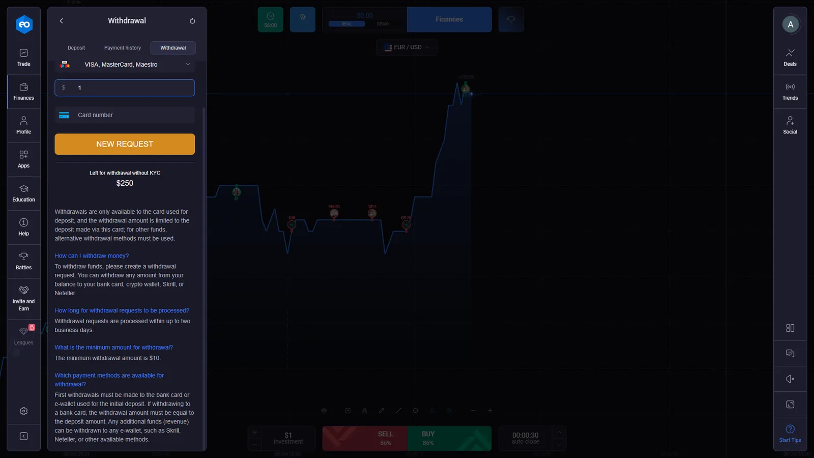 EO Broker withdrawal interface showing card withdrawal two business day processing ten dollar minimum and 250 dollars left without KYC