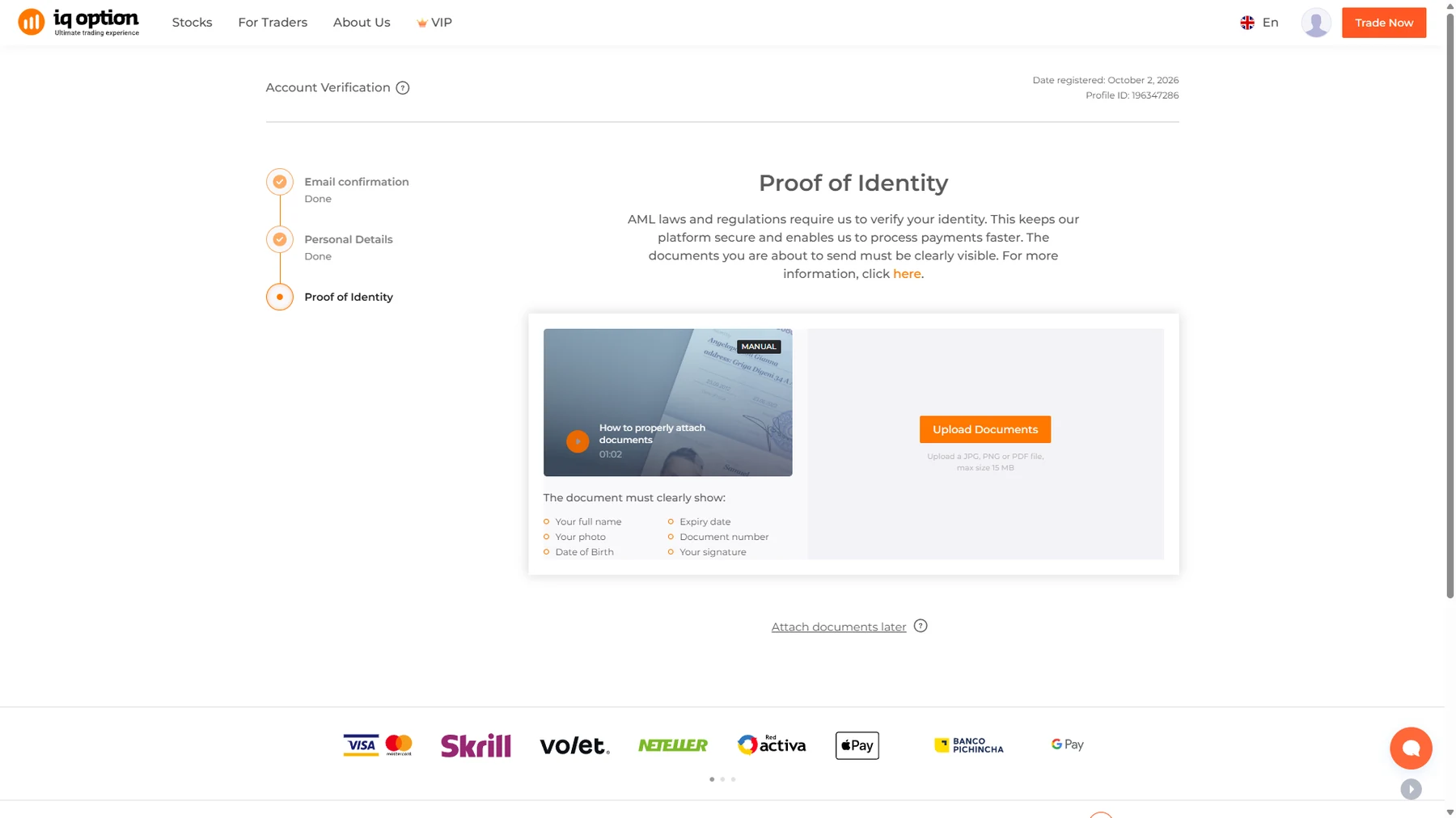IQ Option proof of identity verification step