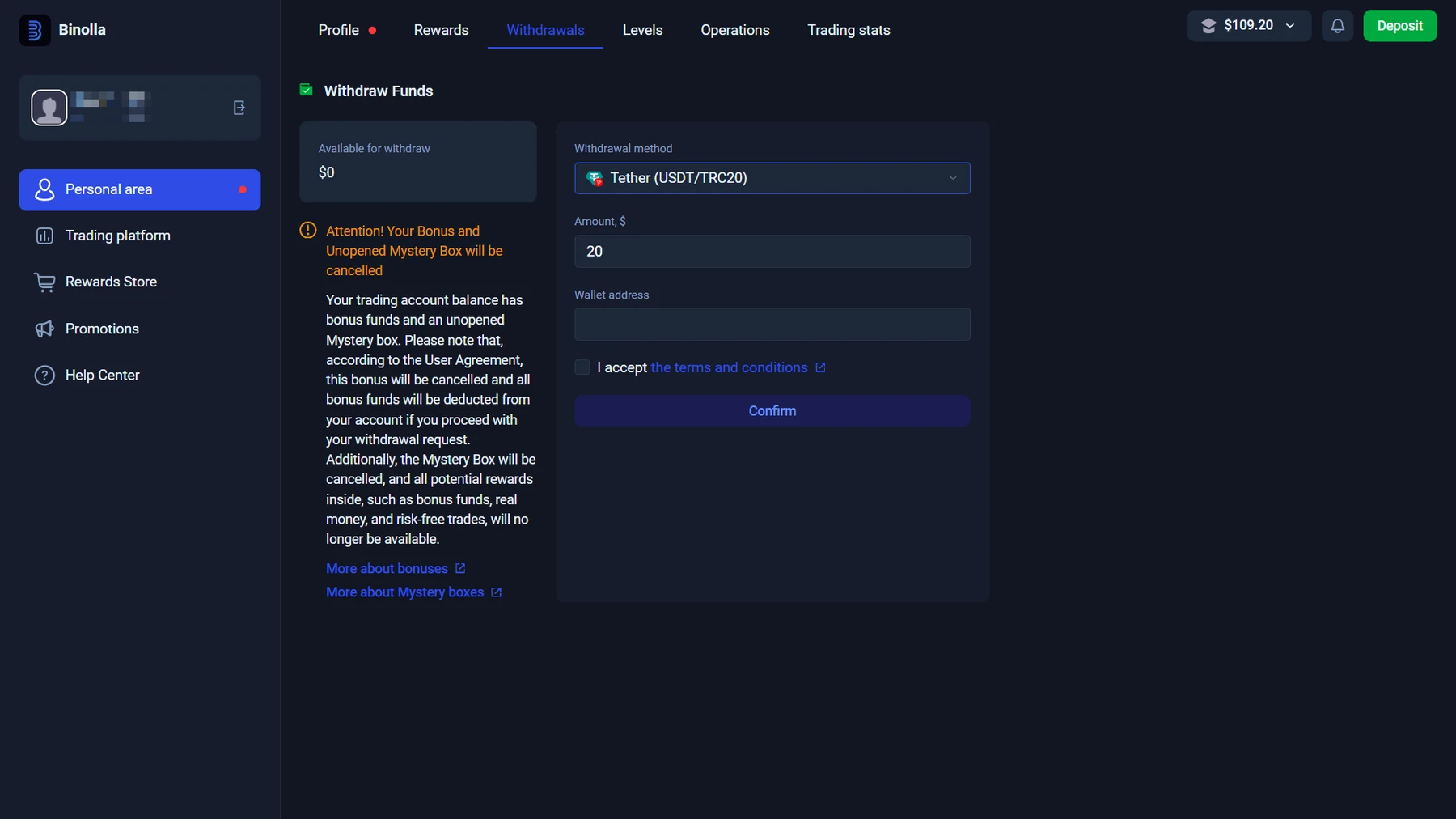 Binolla withdrawal panel with method controls