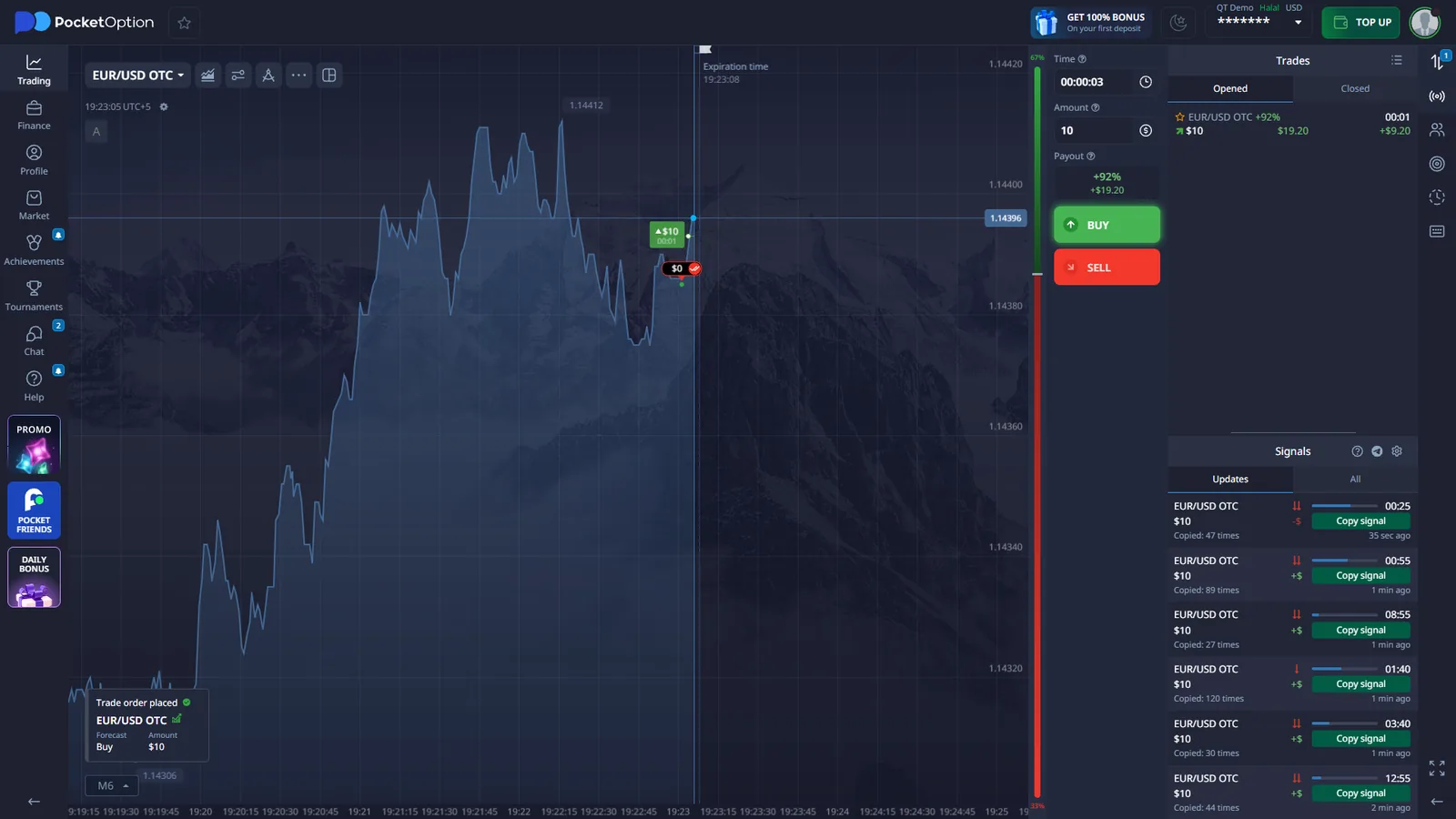 Pocket Option Quick Trading Demo with EUR USD OTC BUY SELL controls and Signals