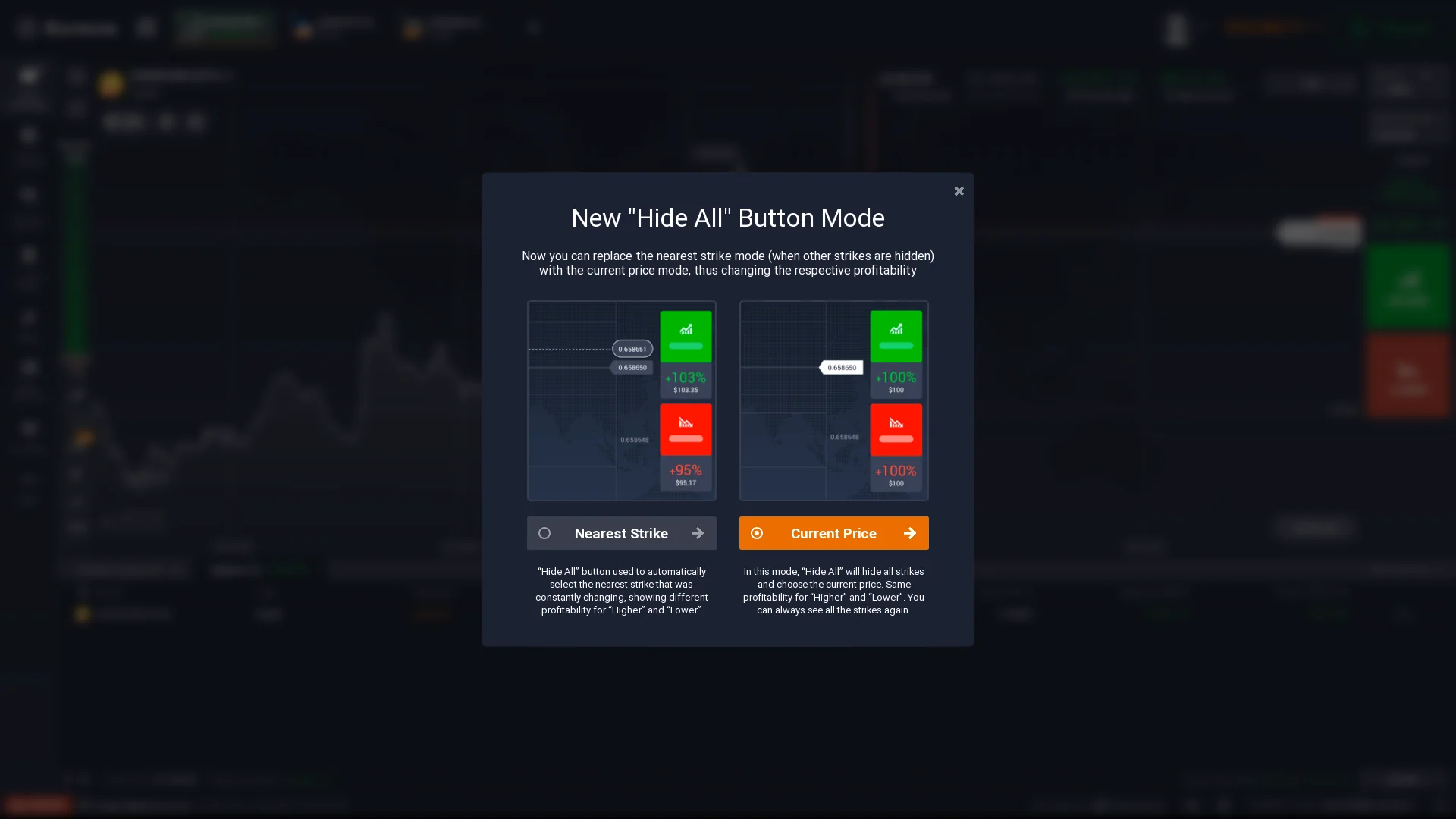 Exnova dialog offering Nearest Strike and Current Price interface display modes for Digital options