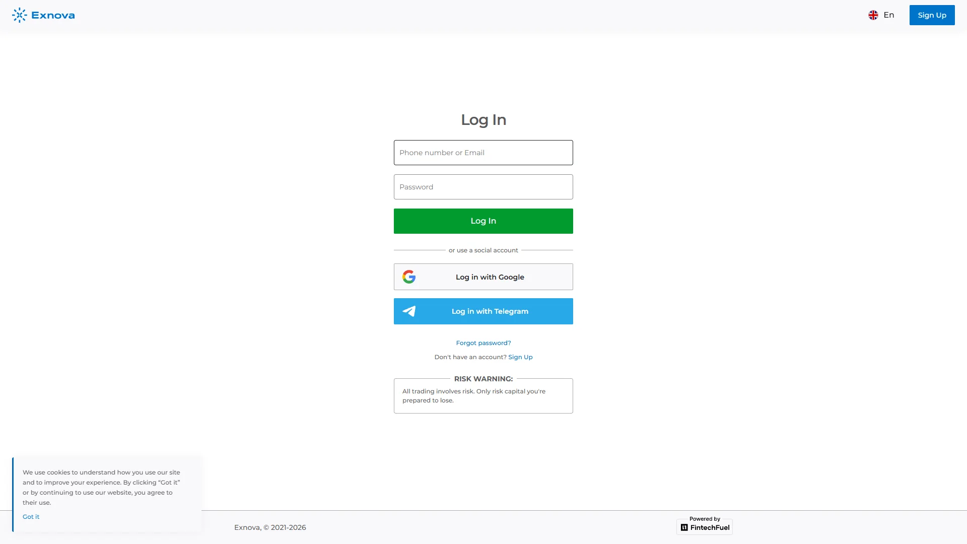 Exnova English login page showing email, password and account access controls in October 2026
