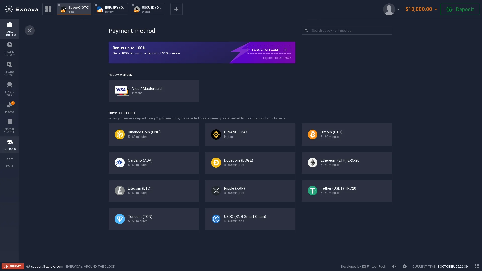 Exnova deposit cashier showing cards Binance Pay and multiple cryptocurrency routes and networks
