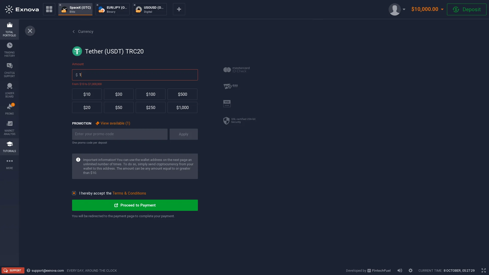 Exnova USDT TRC20 deposit form with network and amount fields