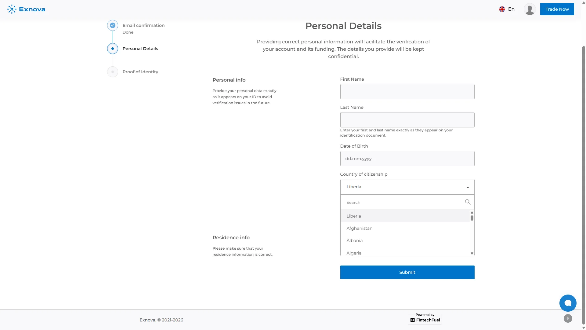 Exnova personal details form and staged account verification progress