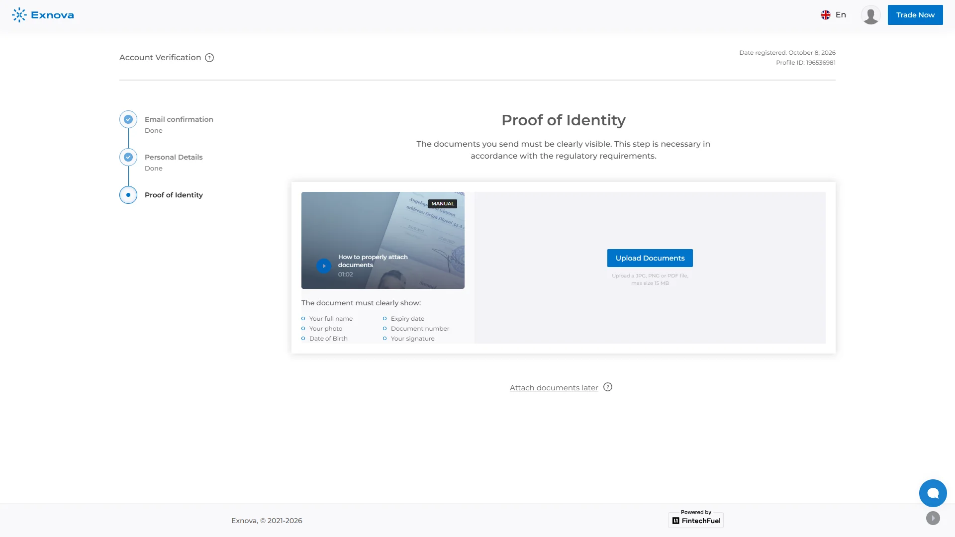 Exnova proof of identity upload step in the logged-in verification workflow