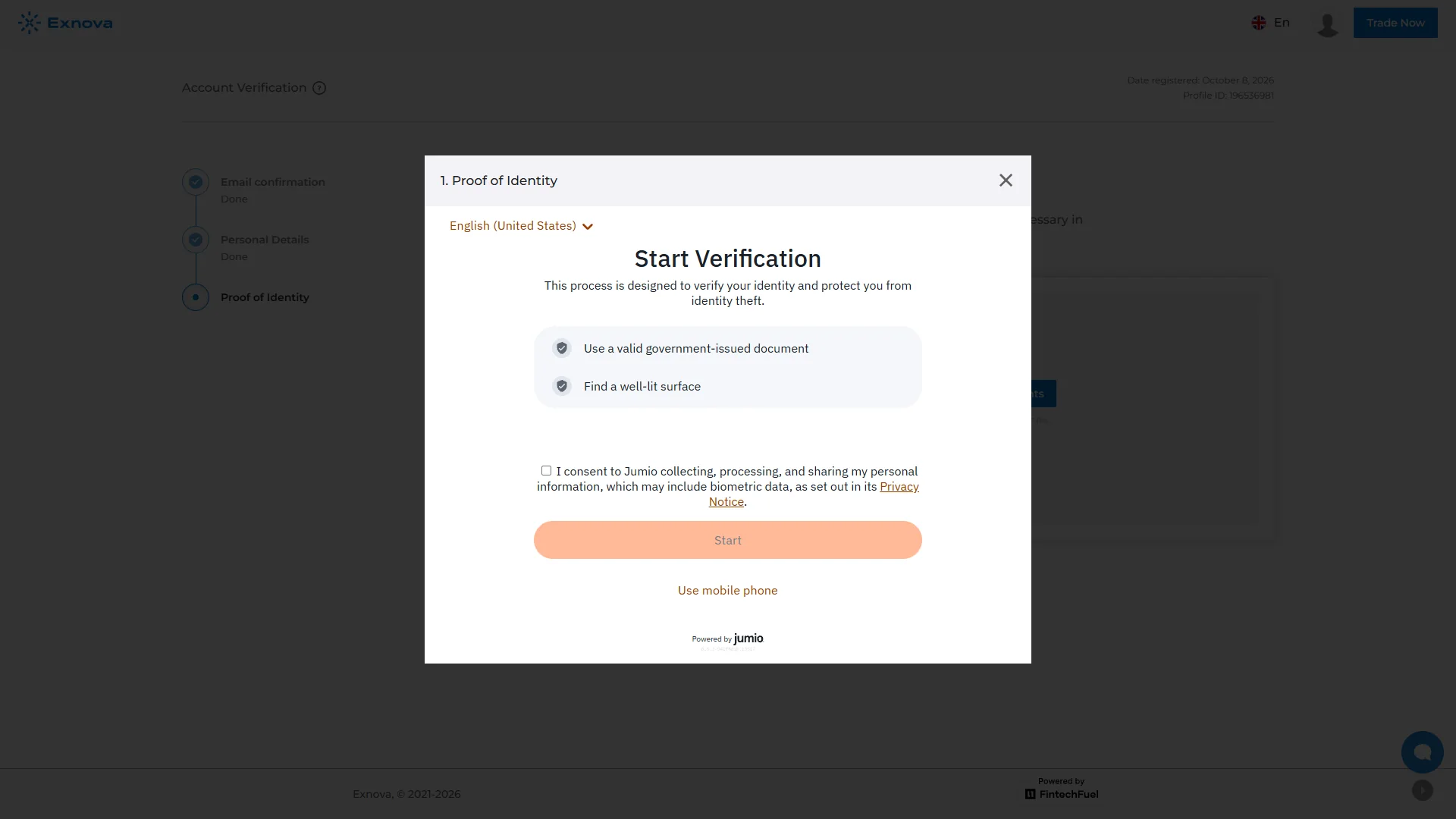 Exnova identity verification dialog offering the Jumio verification start route