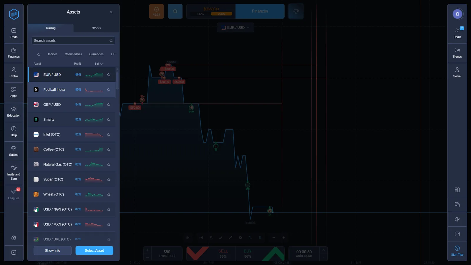 ExpertOption asset selector with EUR USD GBP USD and multiple OTC instruments with different percentages