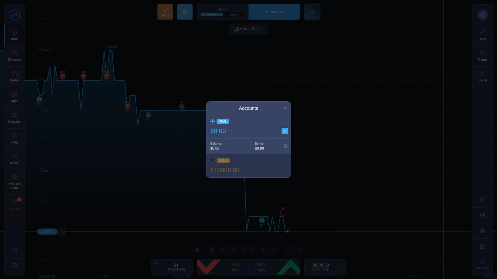 ExpertOption accounts window showing real balance and ten thousand dollar demo balance