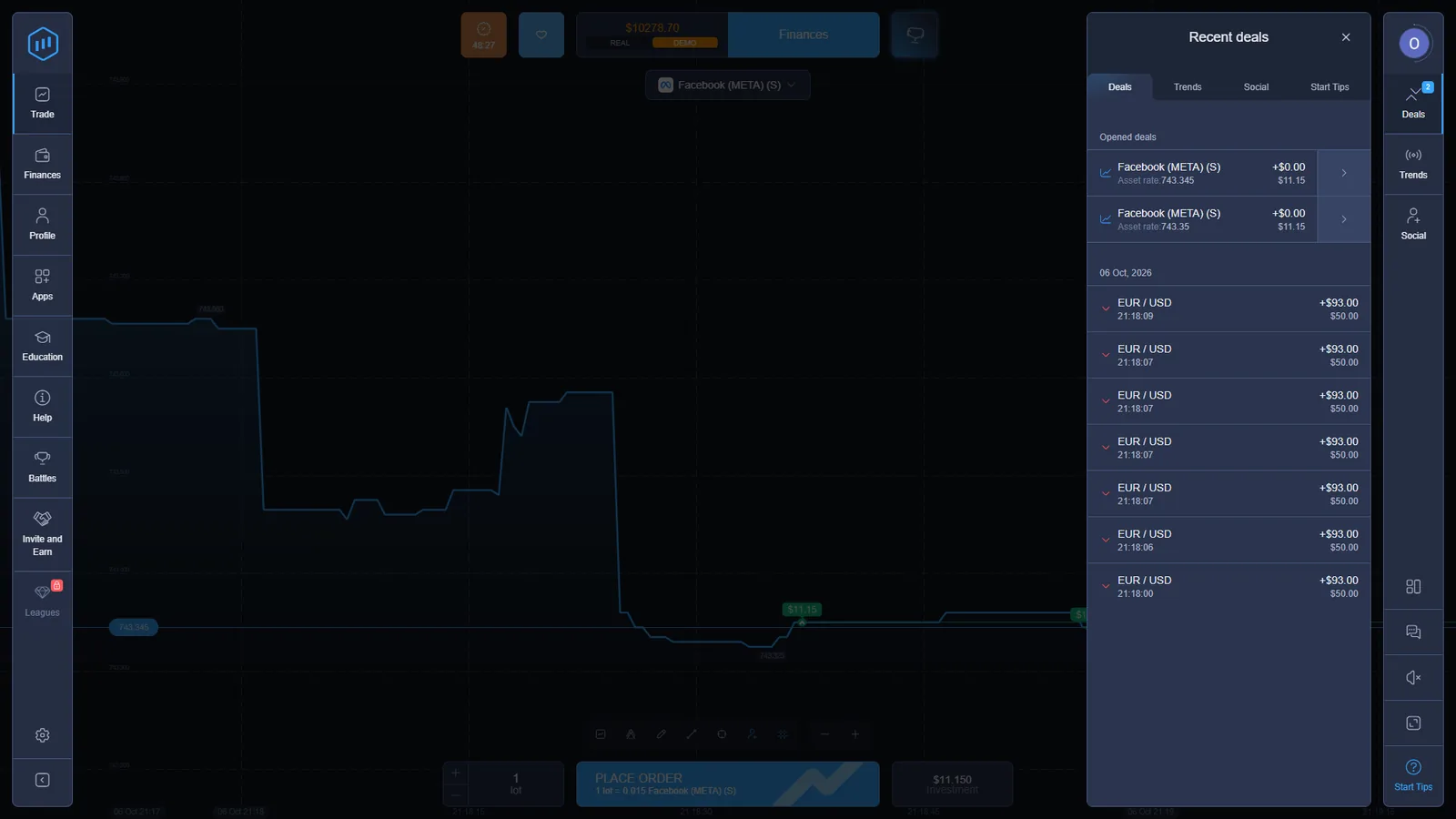 ExpertOption recent deals panel with completed EUR USD demo positions and open stock positions