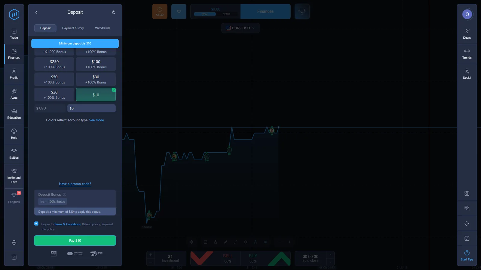ExpertOption deposit screen showing ten dollar minimum and a one hundred percent bonus requiring at least twenty dollars