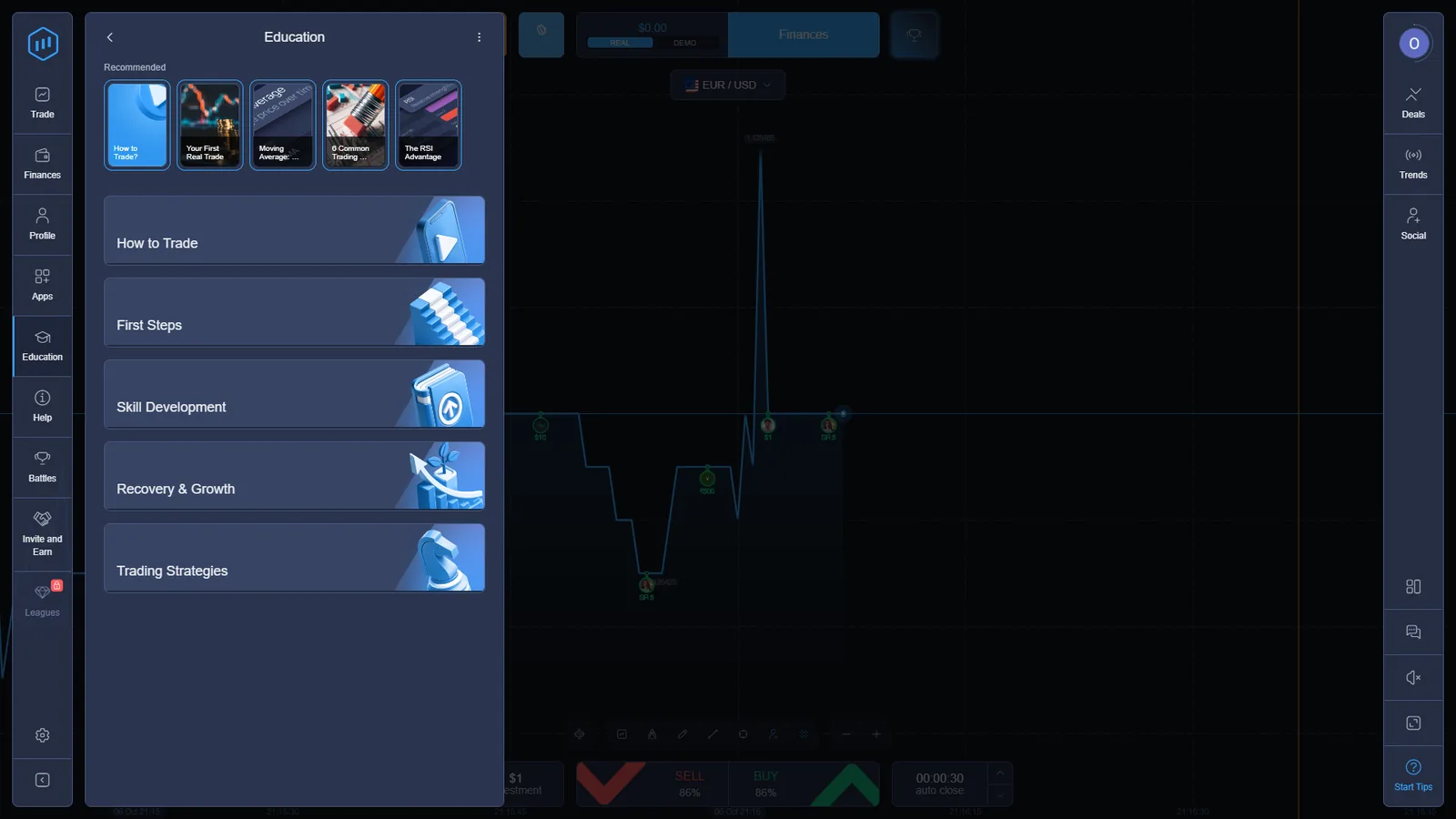 ExpertOption Education panel with How to Trade First Steps Skill Development and other learning sections