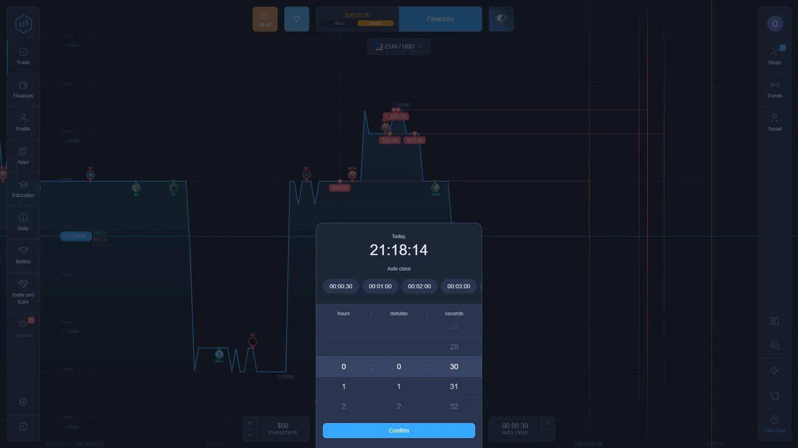 ExpertOption Digital Options timing selector showing 30 seconds 1 minute 2 minutes and 3 minutes