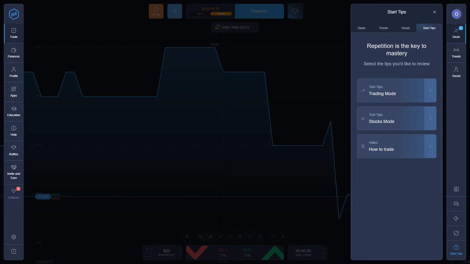 ExpertOption Start Tips panel listing Trading Mode Stocks Mode and How to trade video