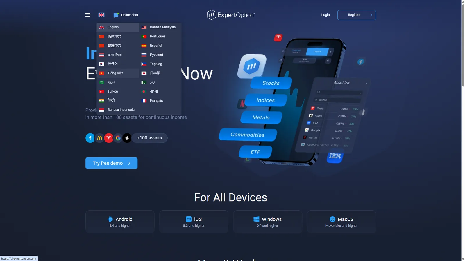 ExpertOption official website with free demo register login and device access