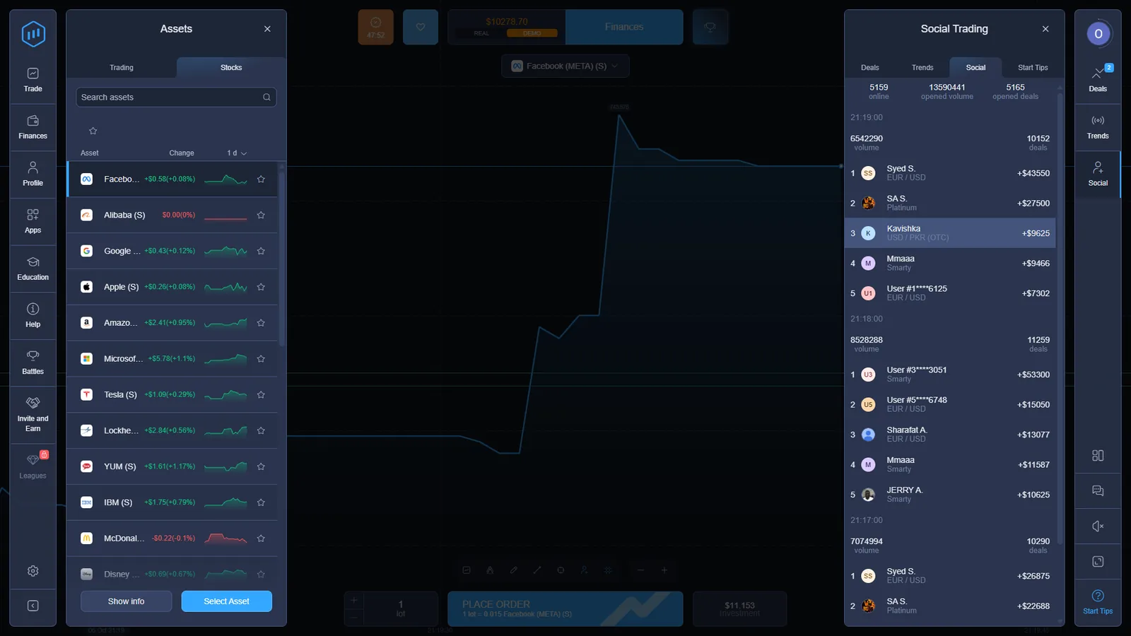 ExpertOption Social Trading panel beside the stocks asset selector