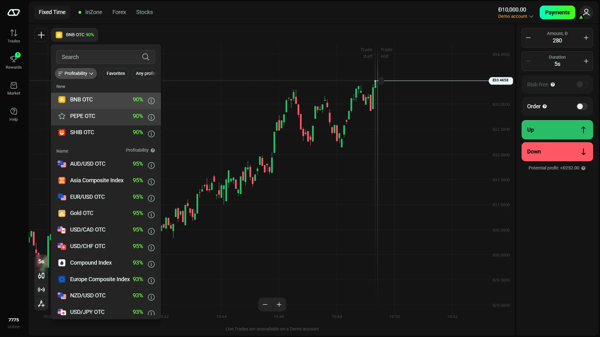 Olymp Trade Fixed Time asset selector with session-specific profitability percentages