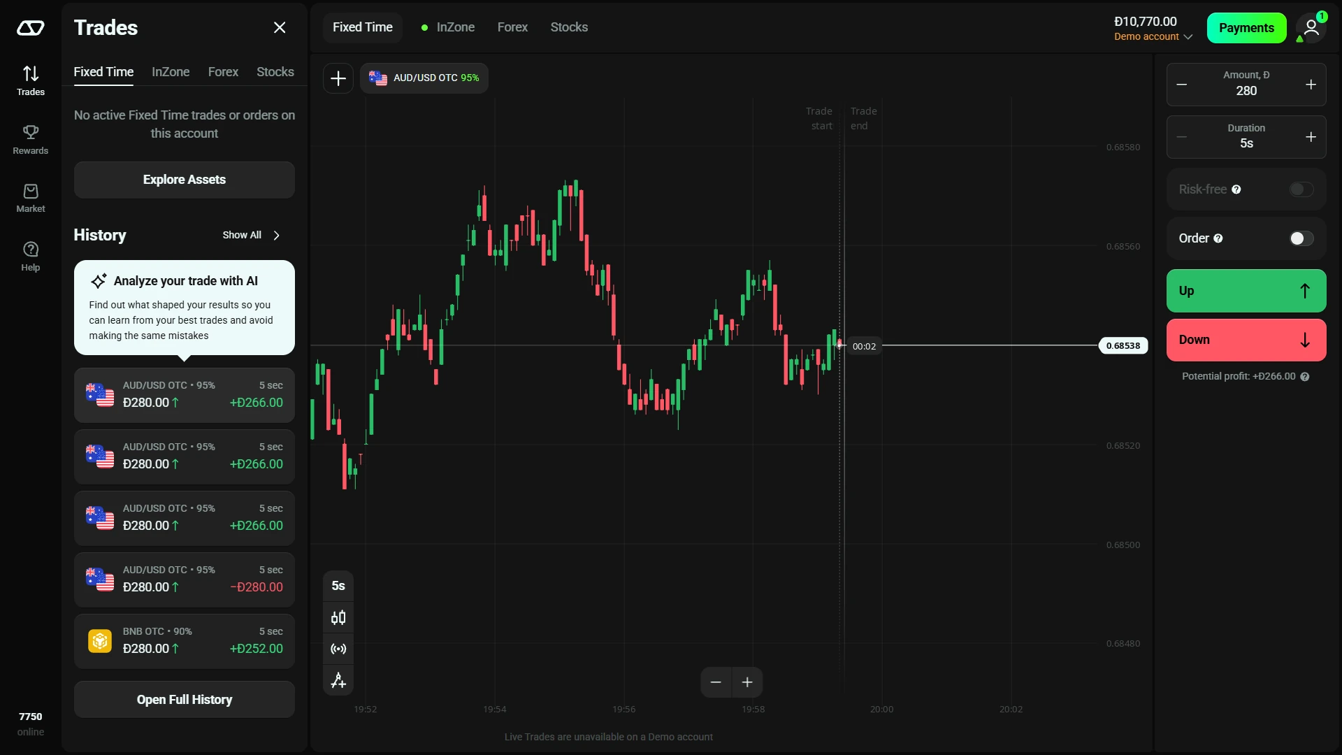 Olymp Trade completed Fixed Time demo history with winning and losing records