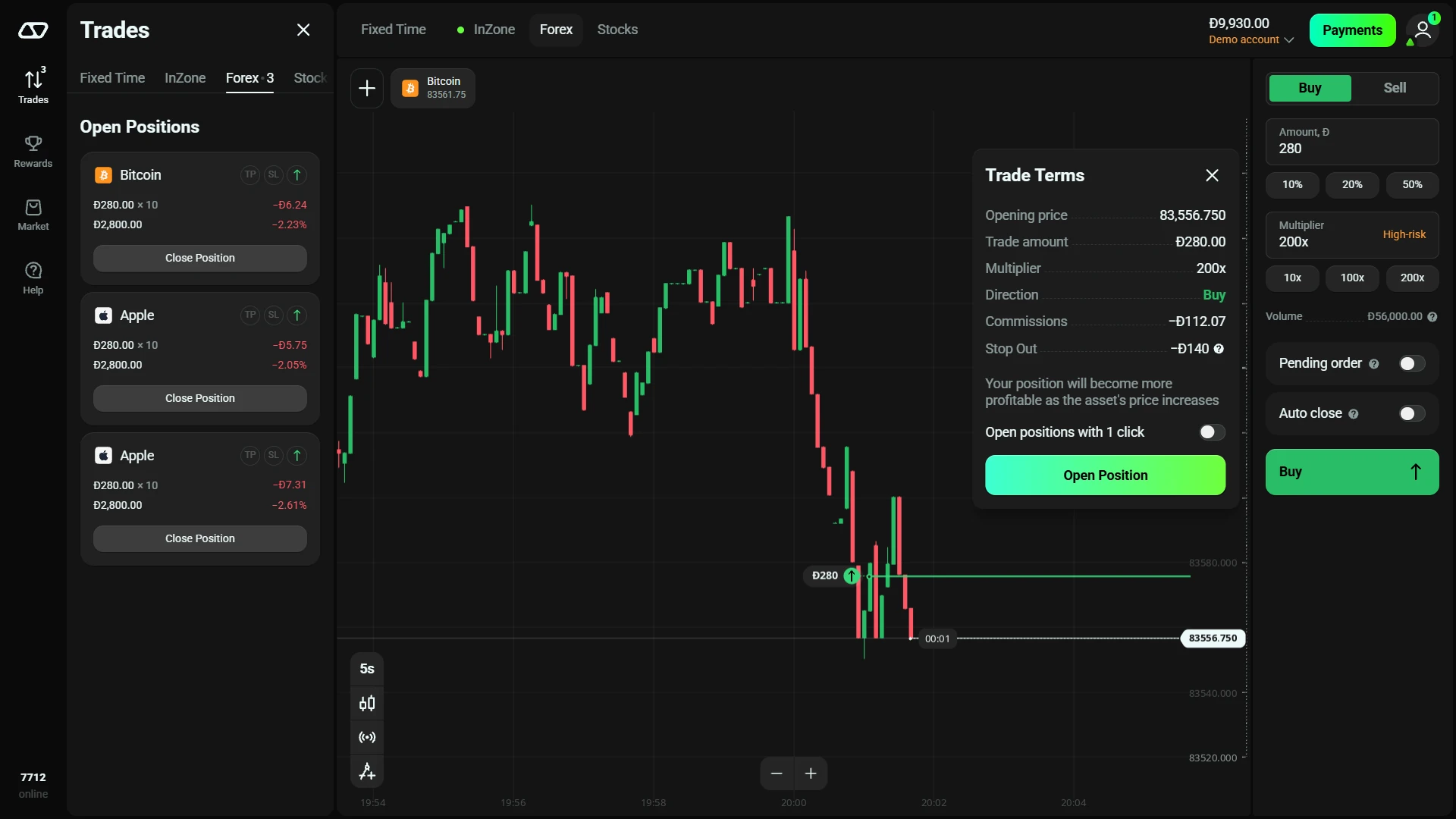 Olymp Trade Forex open positions with trade terms commission multiplier and stop out fields