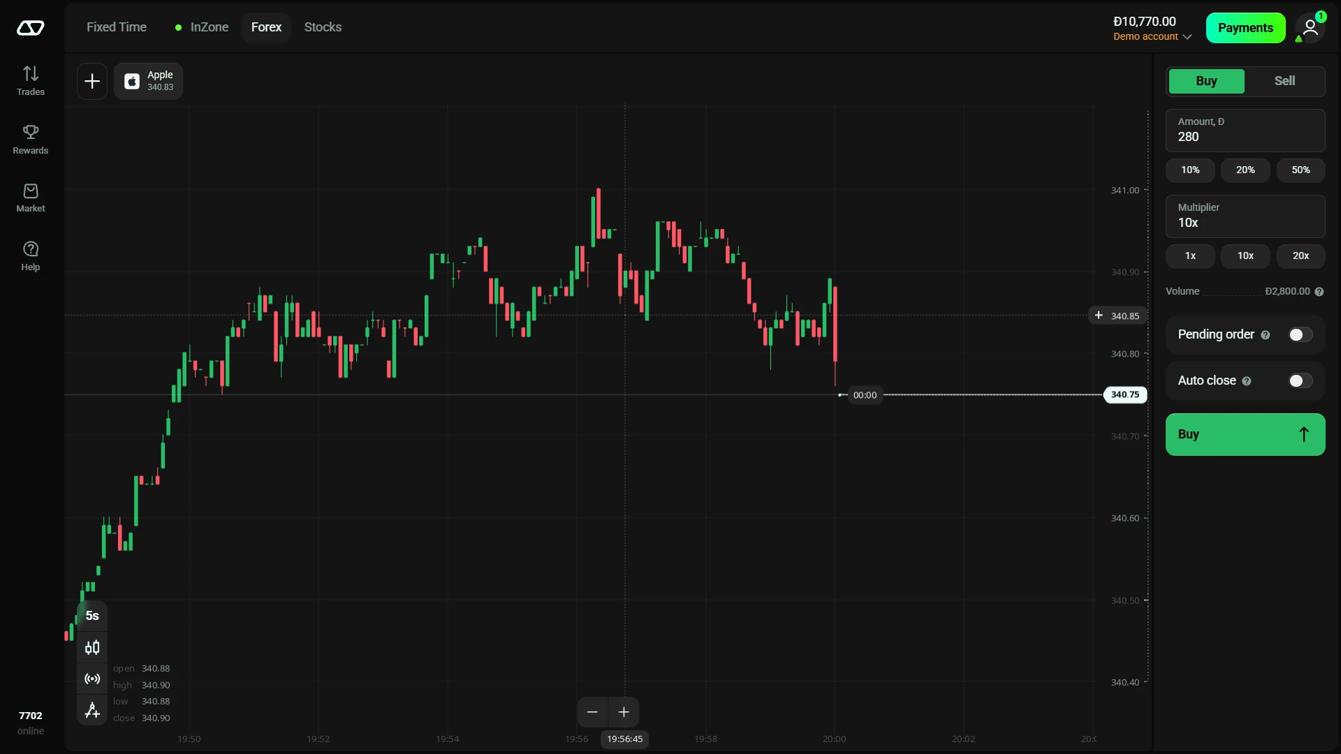 Olymp Trade Forex demo ticket with amount multiplier volume pending order and auto close controls