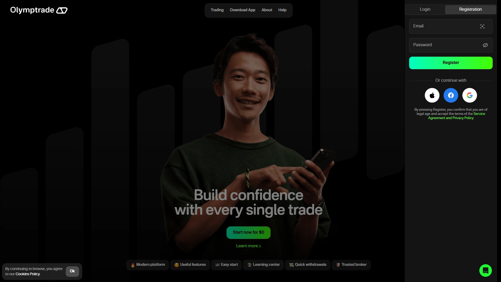 Olymp Trade English registration screen captured during the September 2026 account check