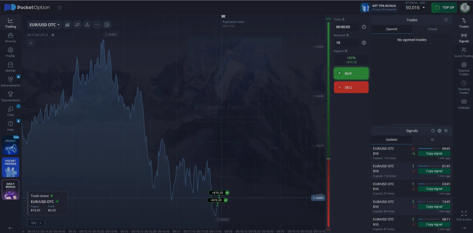 Pocket Option demo trading terminal with opened and completed demo trades