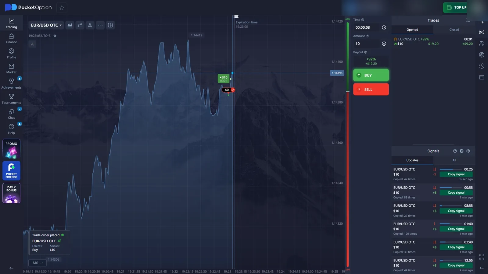 Pocket Option QT Demo with EUR USD OTC, three-second trade time, Buy Sell controls and Signals