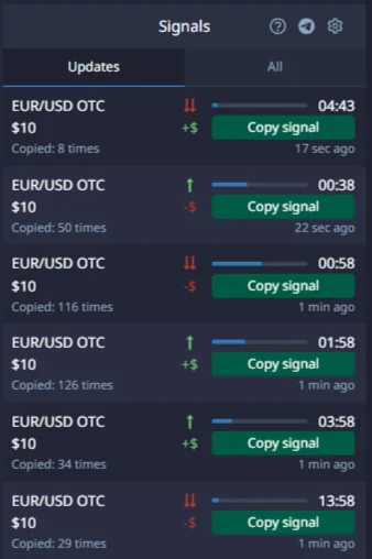 Pocket Option Signals panel with EUR USD OTC signals and Copy signal controls