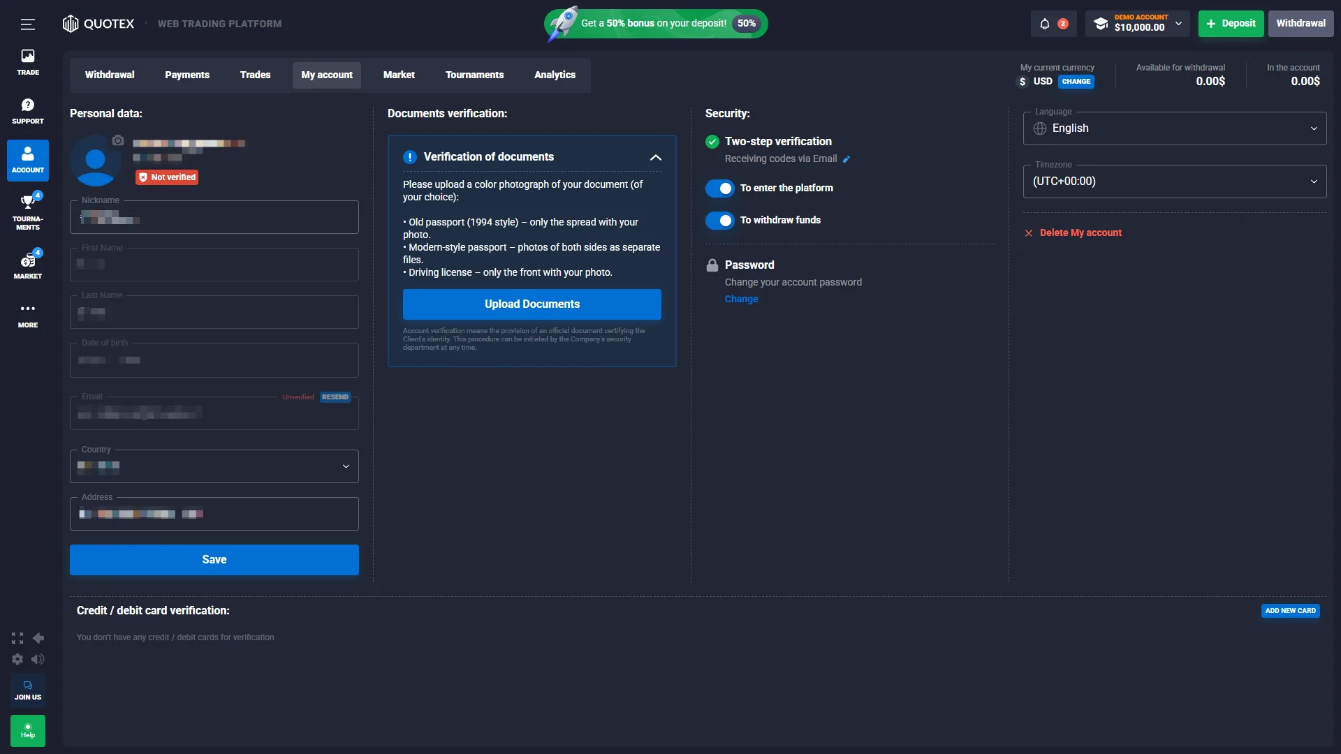 Quotex account page showing Not verified status, document verification and two-step verification