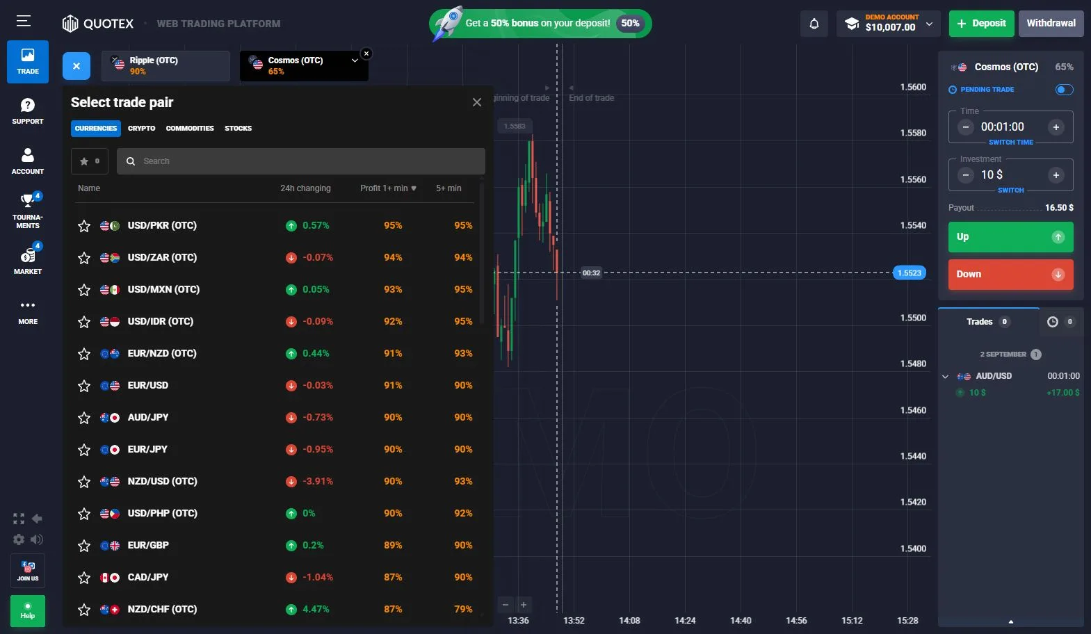 Quotex asset selector showing OTC instruments and different displayed payout percentages