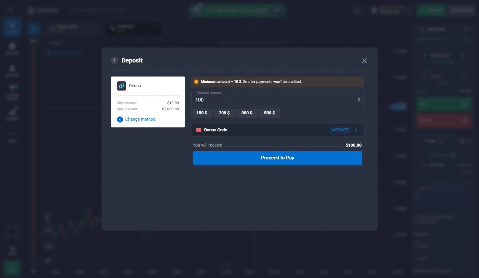 Quotex cashier and deposit payment interface in the checked account