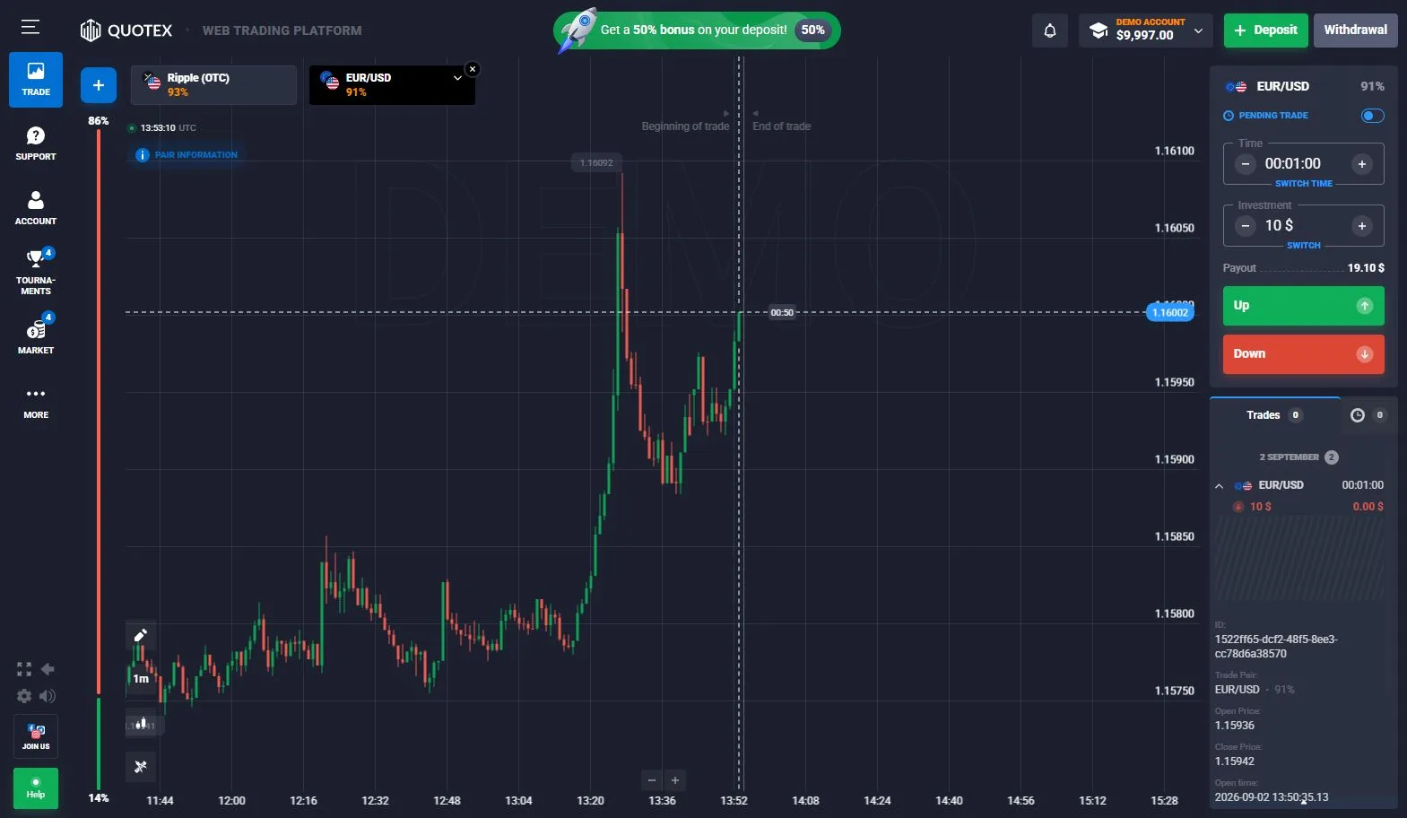 Quotex completed demo trade shown in trade history after settlement