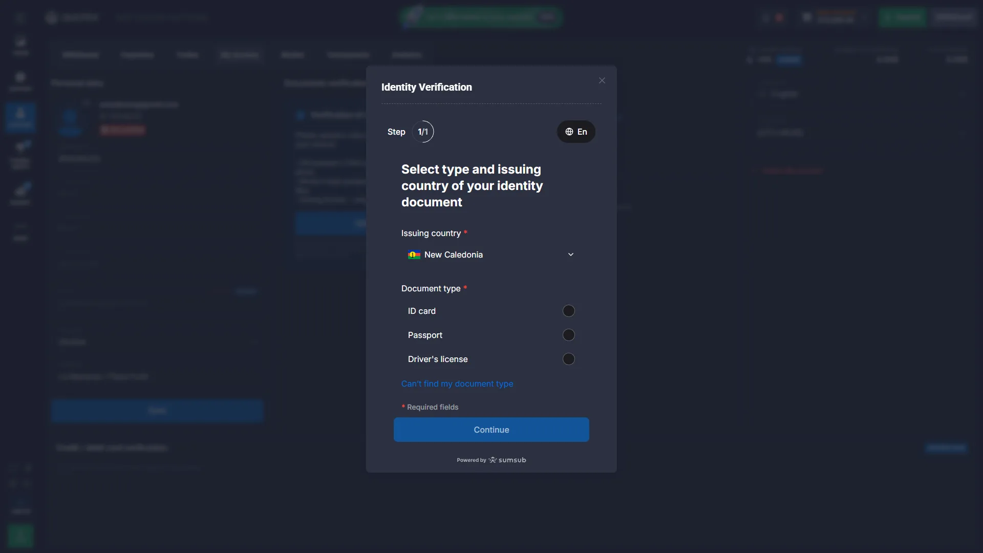 Quotex identity verification flow showing issuing country and document type options